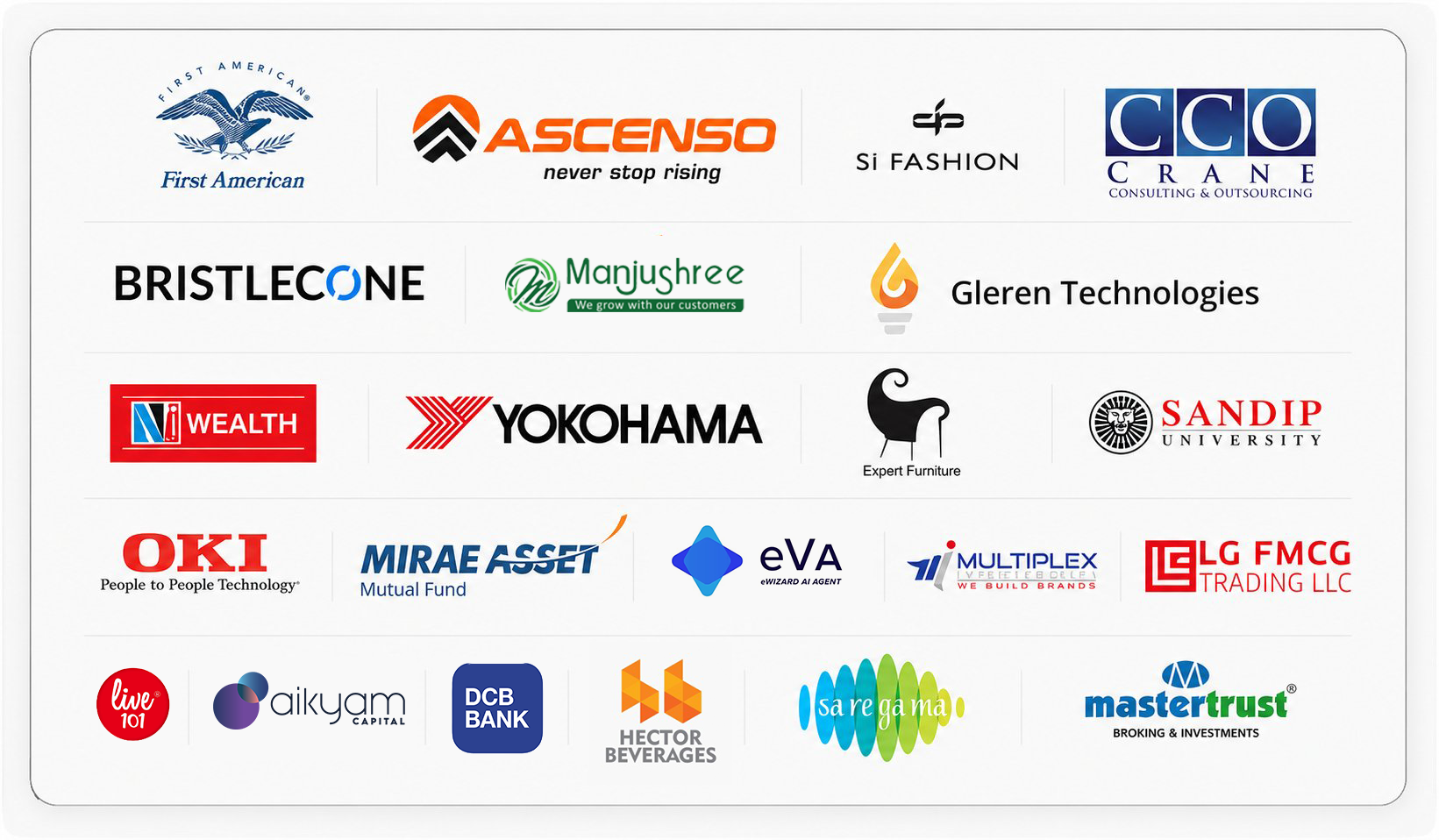 Our Clients – First American, Ascenso, Si Fashion, Crane CCO, Bristlecone, Manjushree, Gleren Technologies, NJ Wealth, Yokohama, Expert Furniture, Sandip University, OKI, Mirae Asset, eVA, Multiplex, LG FMCG, Live 101, Aikyam Capital, DCB Bank, Hector Beverages, Saregama, Mastertrust